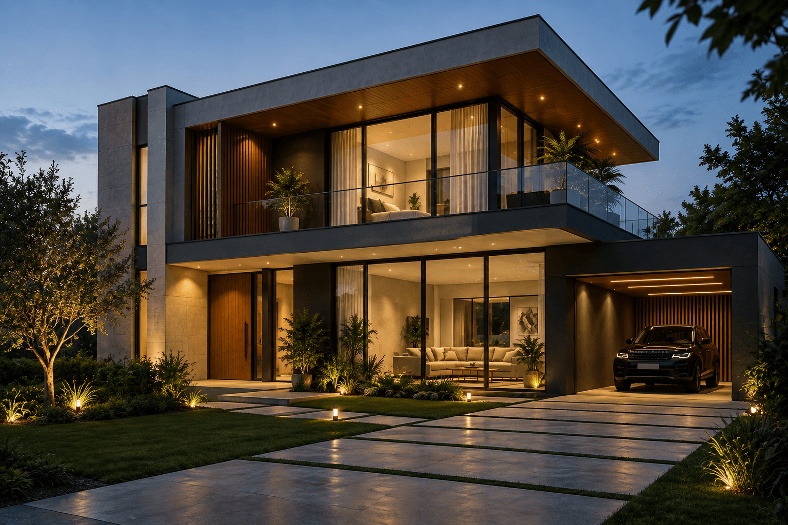 Villa ao entardecer: Volume, madeira e a luz baixa
